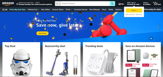 Screenshot of Amazon.com's homepage.